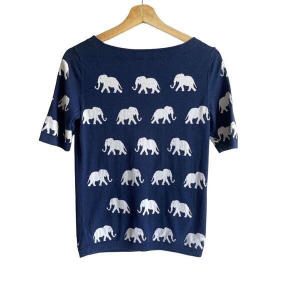 Talbots XS Elephant Allover Knit Short Sleeve Top Navy Blue White Cotton Blend - Picture 3 of 8
